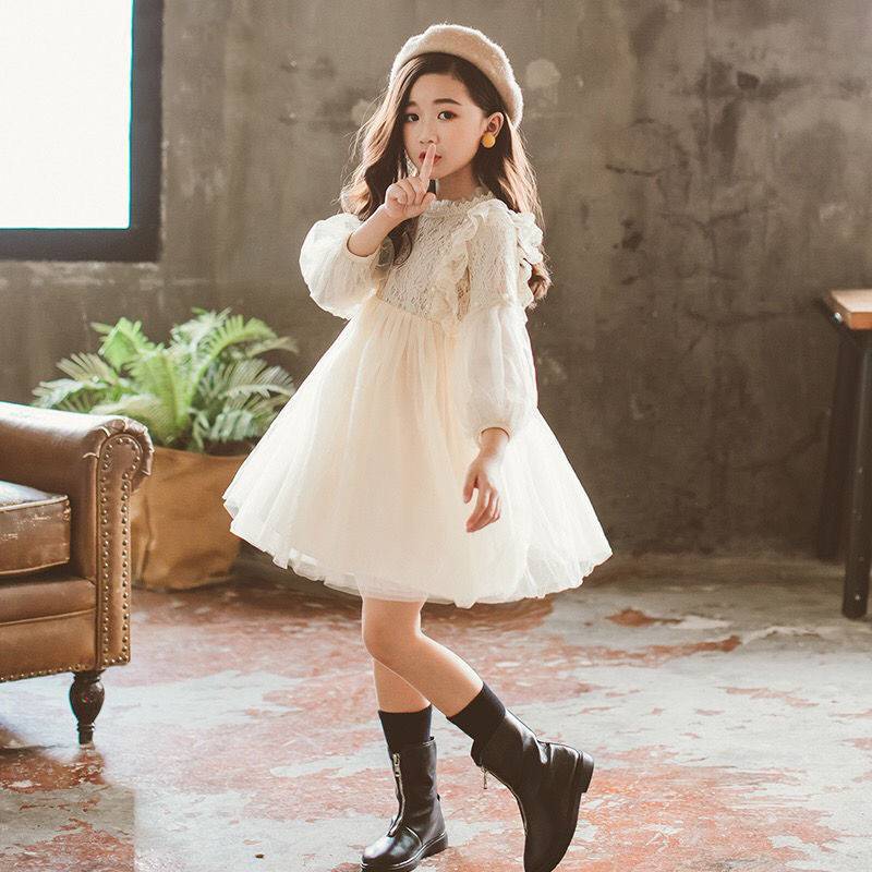 Girls' long-sleeve lace dress shown full length