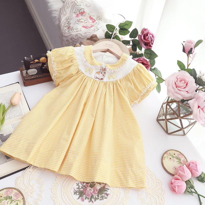 Back view of the Marktox girls' yellow plaid embroidered dress