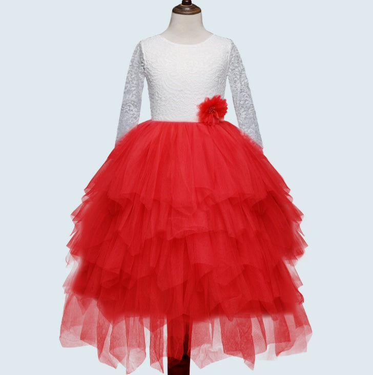 Marktox girls' long-sleeve lace dress in red, sizes 2T to 6T