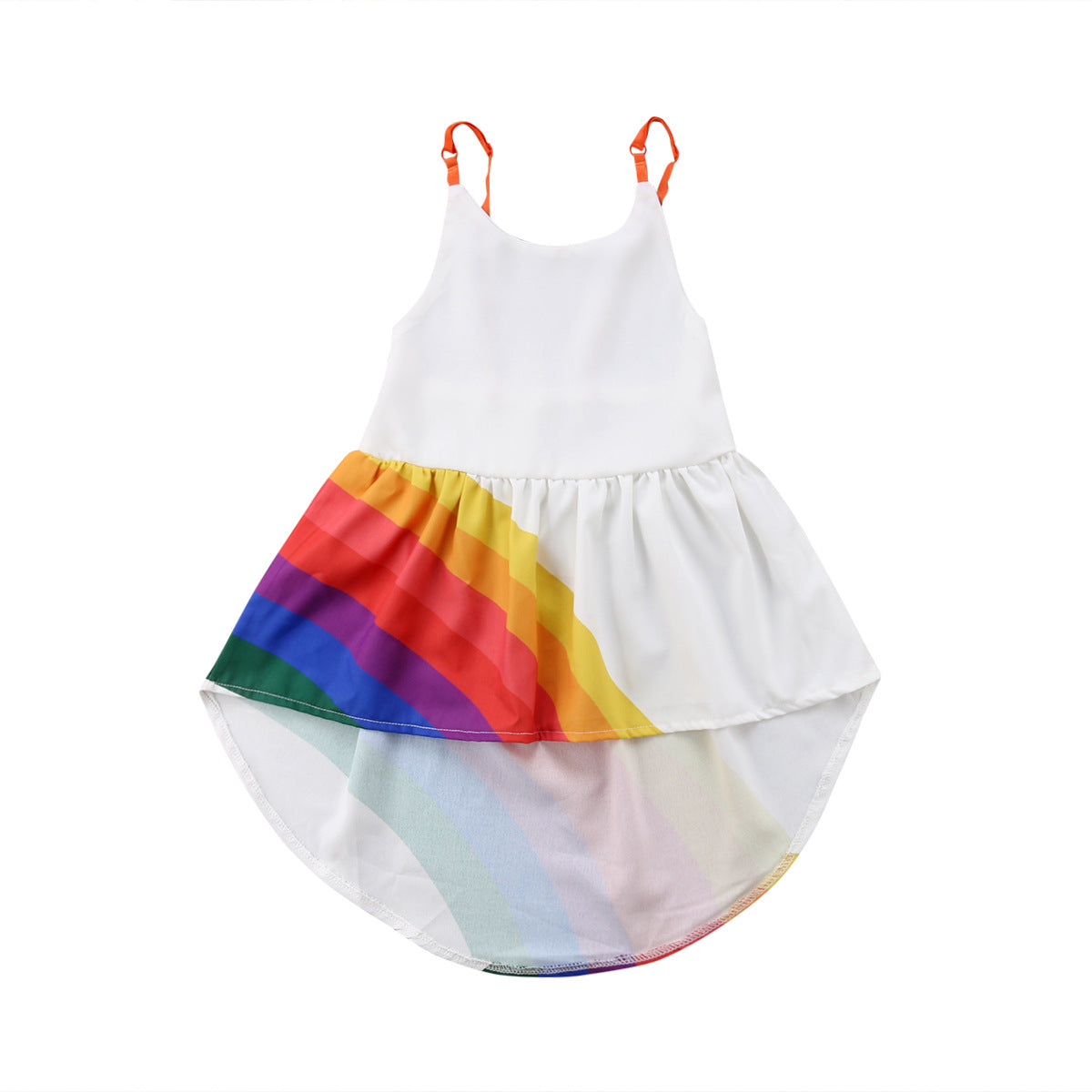 Marktox girls' rainbow stripe sleeveless dress with hi-low hem, front view, sizes 2T to 6T