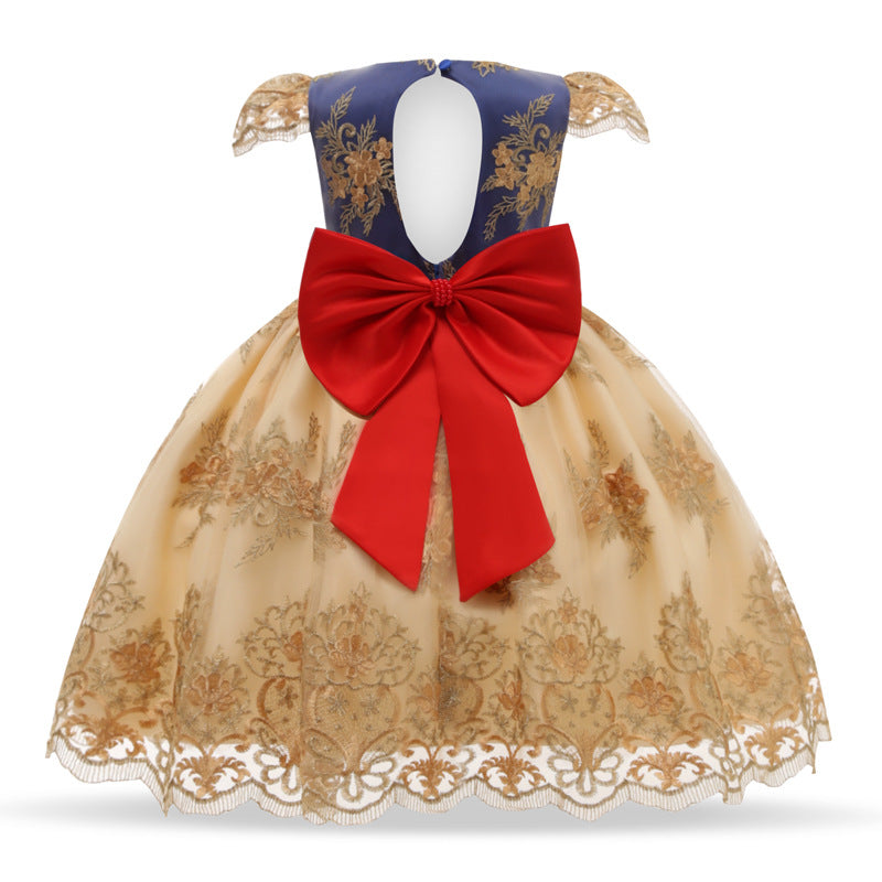 Back view of the Marktox girls' lace and bow puff dress