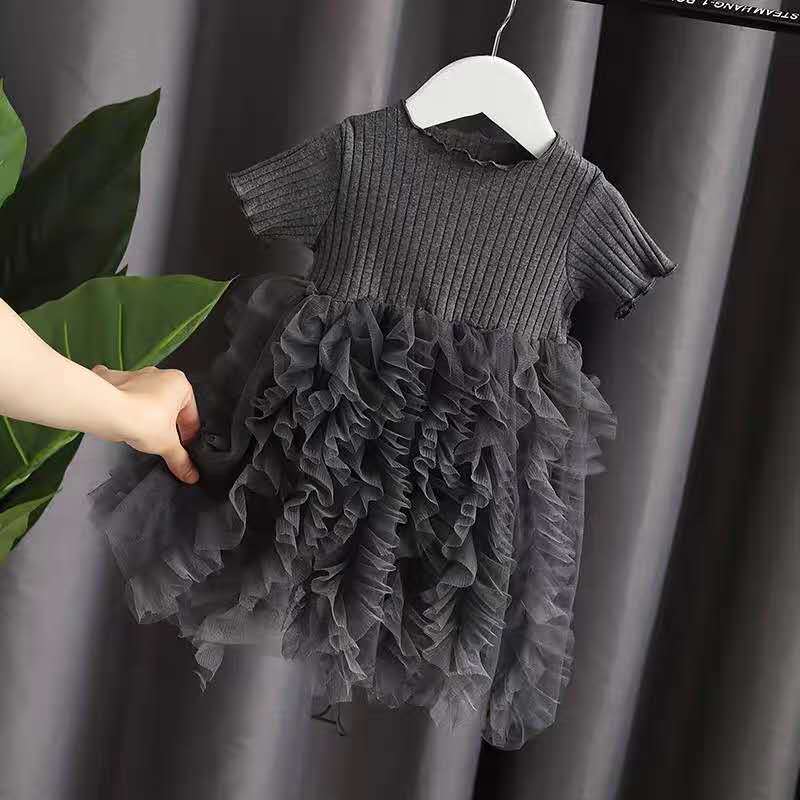 Marktox girls' tiered cotton dress in grey, short sleeve, sizes 2T to 5T