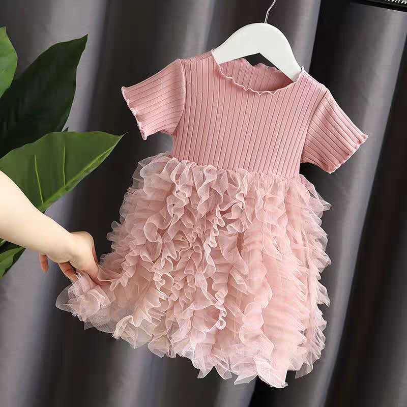 Marktox girls' tiered cotton dress in pink, short sleeve, sizes 2T to 5T