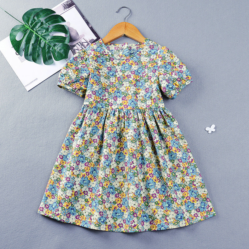 Marktox girls' 100% cotton green floral dress, front view, sizes 2T to 6T