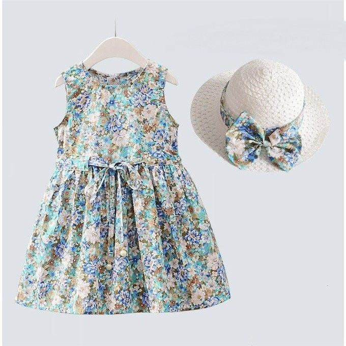 Marktox girls' cotton summer dress with matching sun hat in blue floral, sizes 2T to 6T