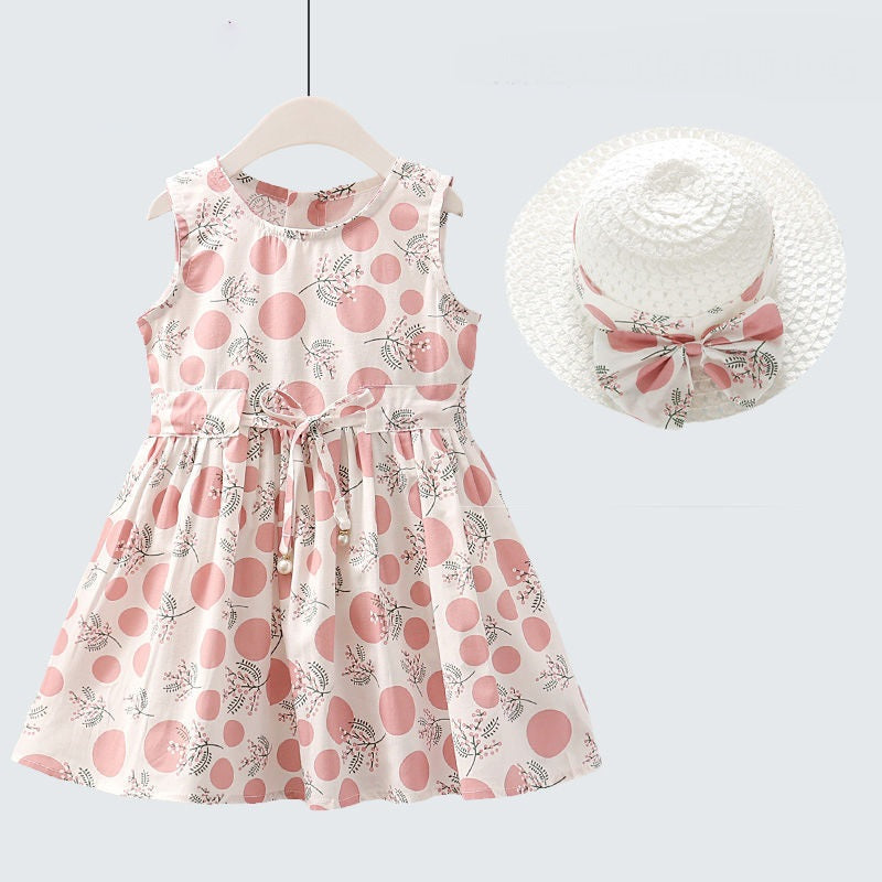 Marktox girls' cotton summer dress with matching sun hat in pink dots, sizes 2T to 6T