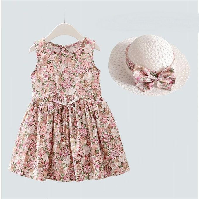 Marktox girls' cotton summer dress with matching sun hat in pink floral, sizes 2T to 6T
