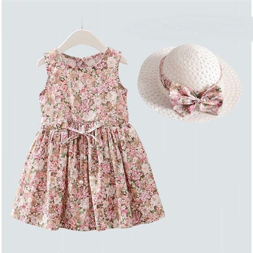 Marktox girls' cotton summer dress with matching sun hat in pink floral, sizes 2T to 6T