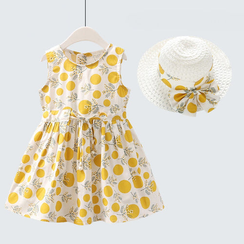 Marktox girls' cotton summer dress with matching sun hat in yellow dots, sizes 2T to 6T