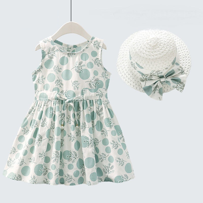 Marktox girls' cotton summer dress with matching sun hat in green dots, sizes 2T to 6T
