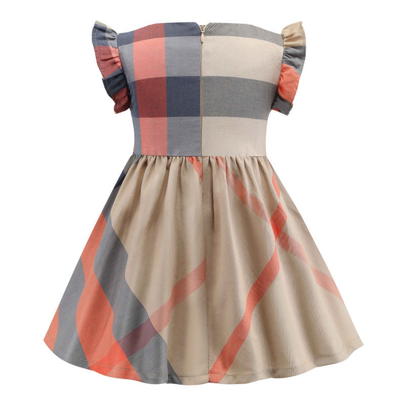 Marktox girls' flutter-sleeve pleated cotton dress in orange check, front view, sizes 2T to 6T
