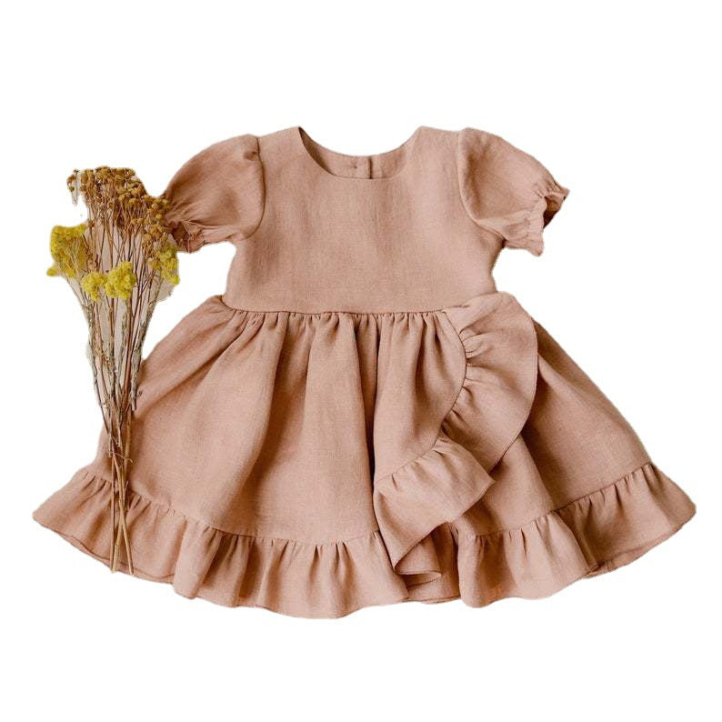 Marktox girls' cotton-linen ruffle dress in pink, sizes 2T to 4T