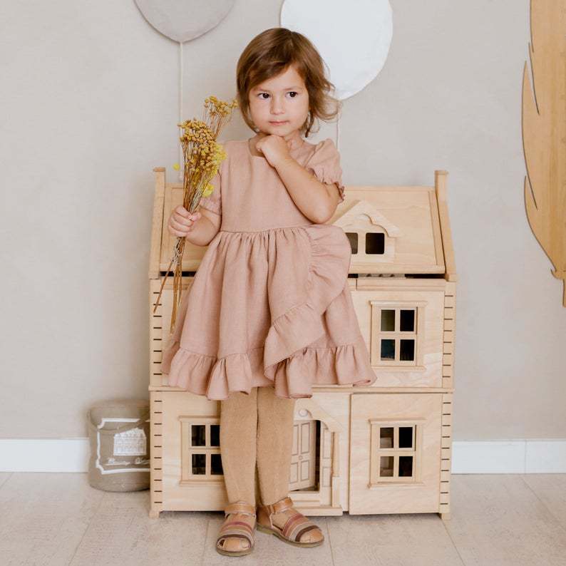 Back view of the Marktox girls' cotton-linen ruffle dress