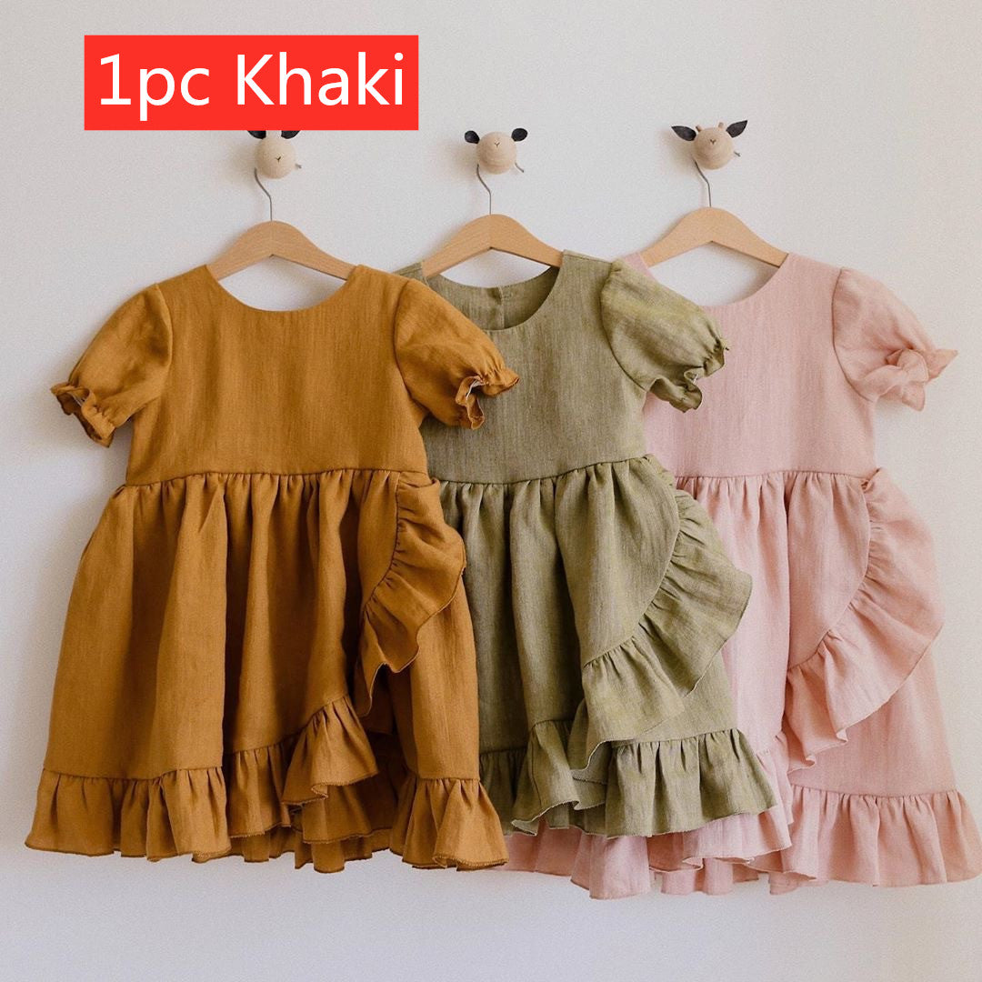 Side view of the Marktox girls' cotton-linen ruffle dress