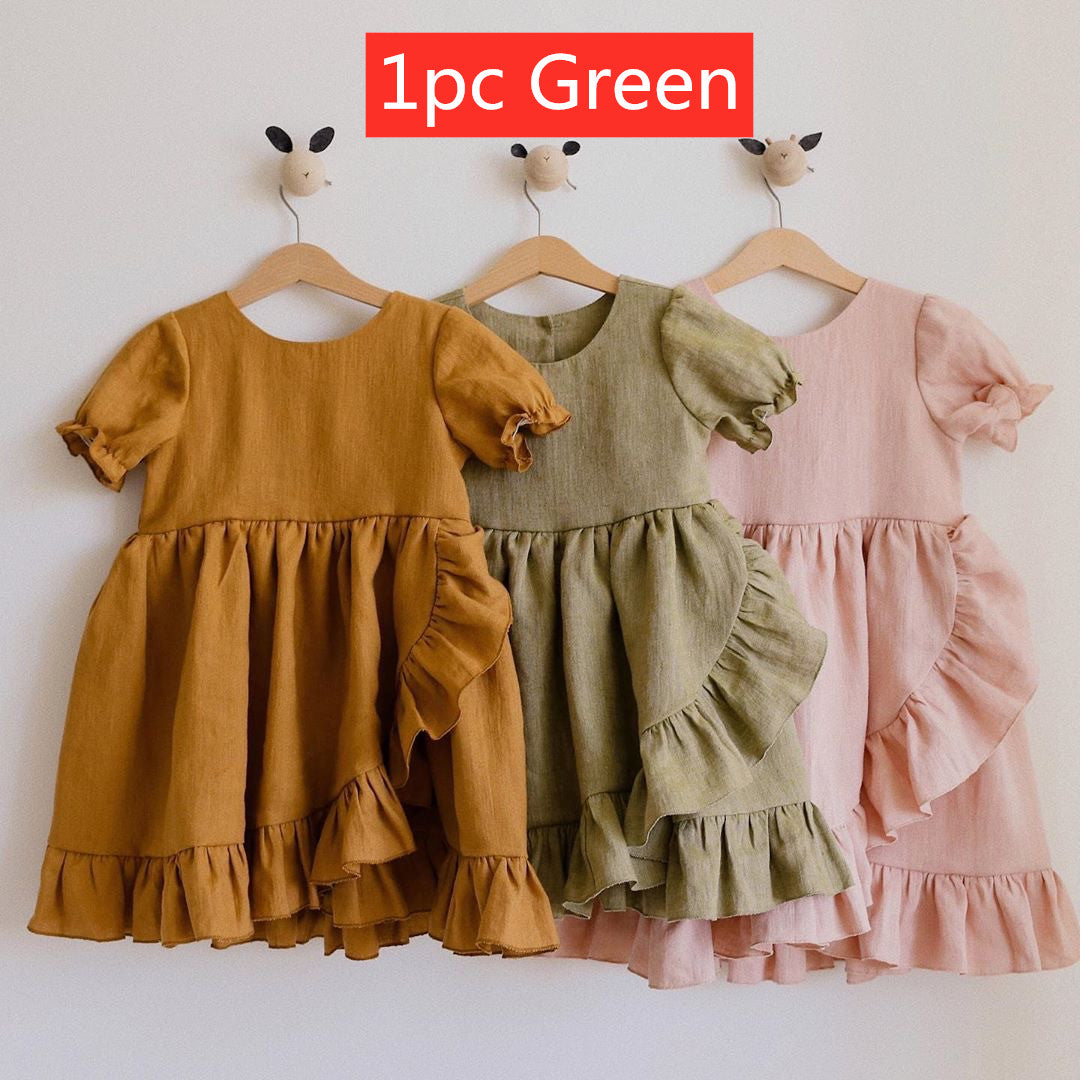 Close view of the fabric on the Marktox girls' cotton-linen ruffle dress