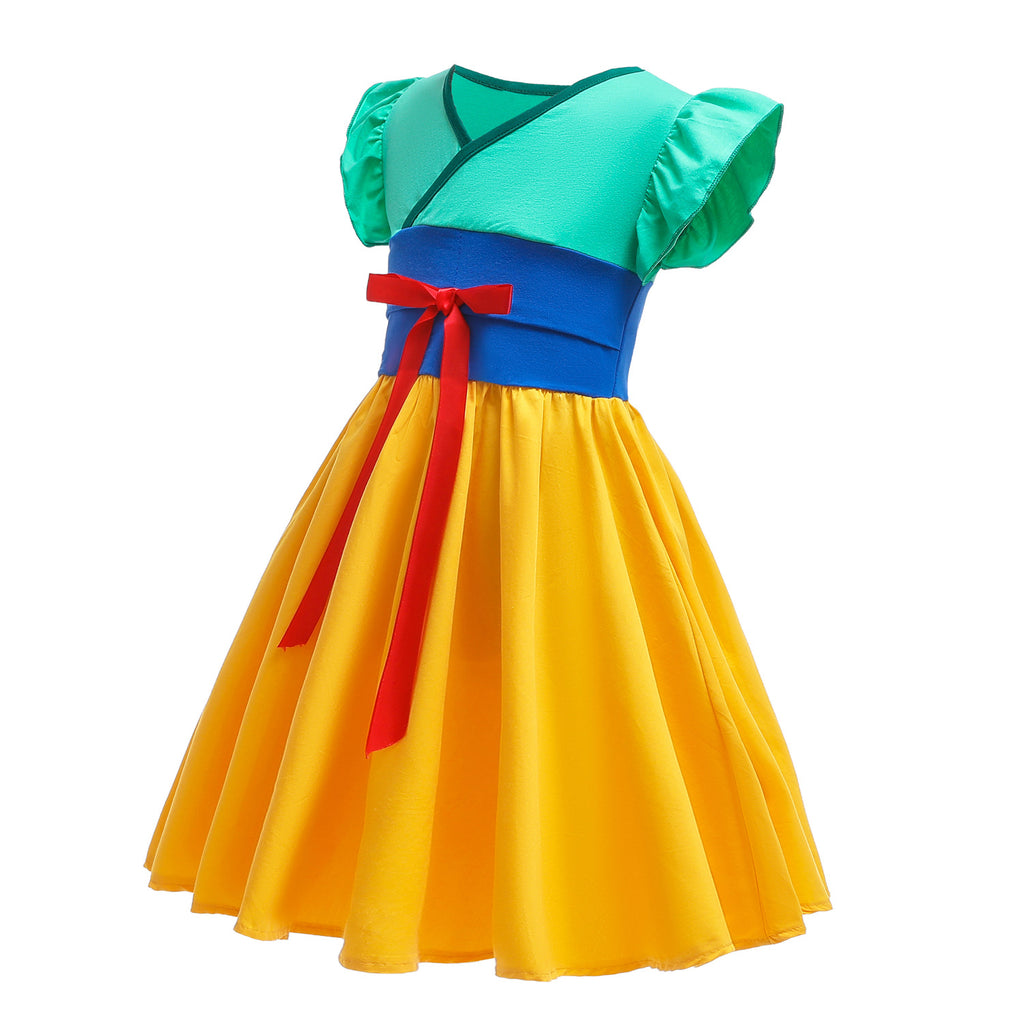 Close-up of the 100% cotton fabric on the Marktox girls' blue and yellow dress