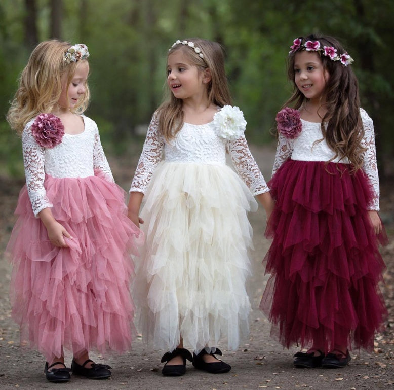 Back view of the Marktox girls' long-sleeve lace dress