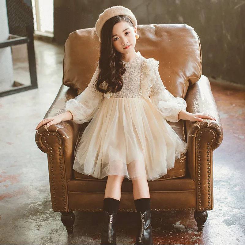 Marktox girls' long-sleeve lace dress in apricot, sizes 2T to 6T