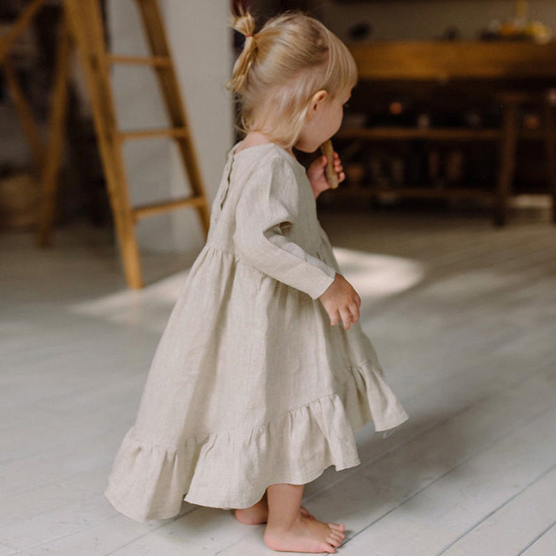 Girls' cotton-linen tiered dress shown full length