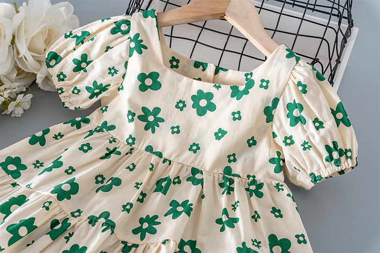 Back view of the Marktox girls' green floral pleated cotton dress