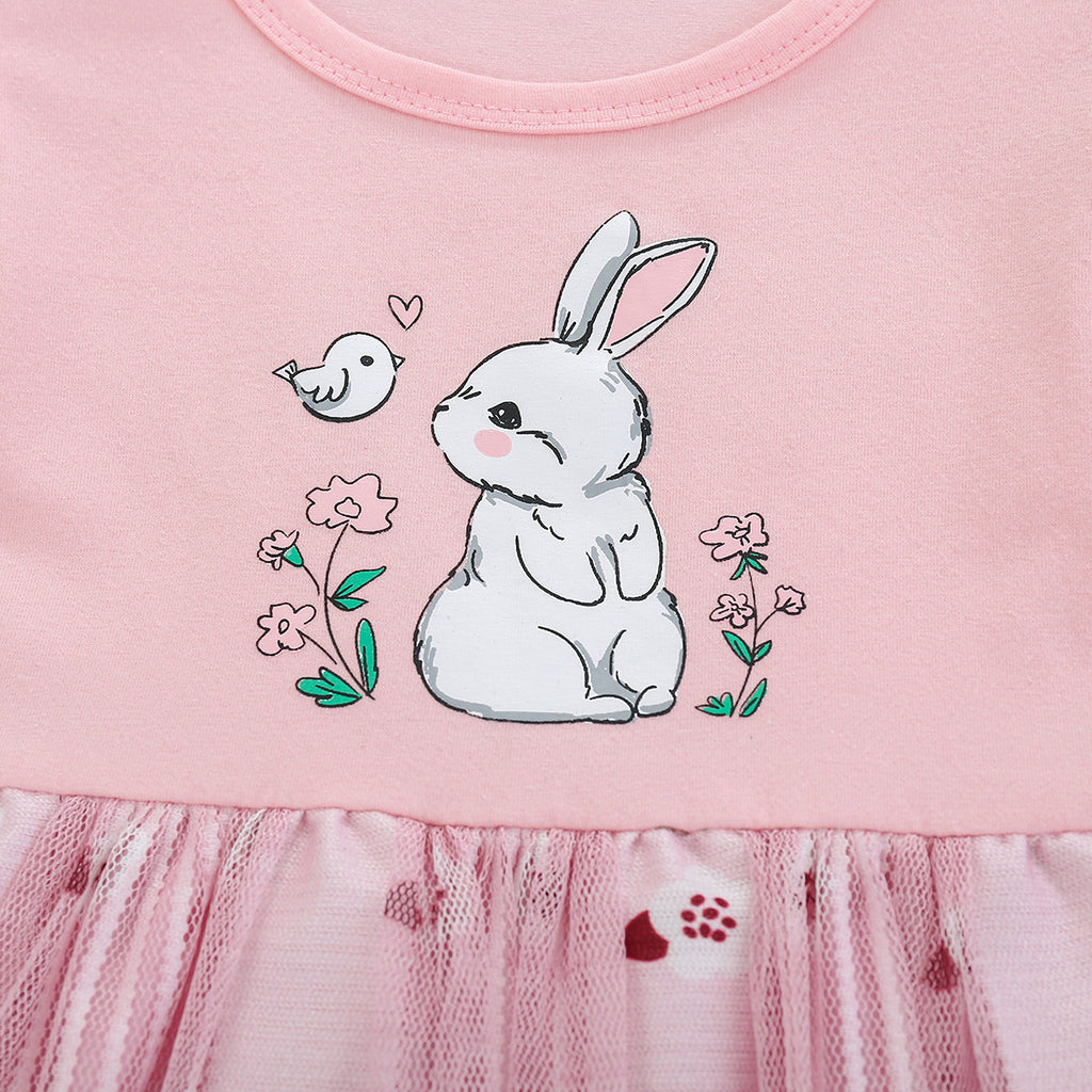Pink Easter party dress for girls with bunny motif bodice and mesh overlay skirt