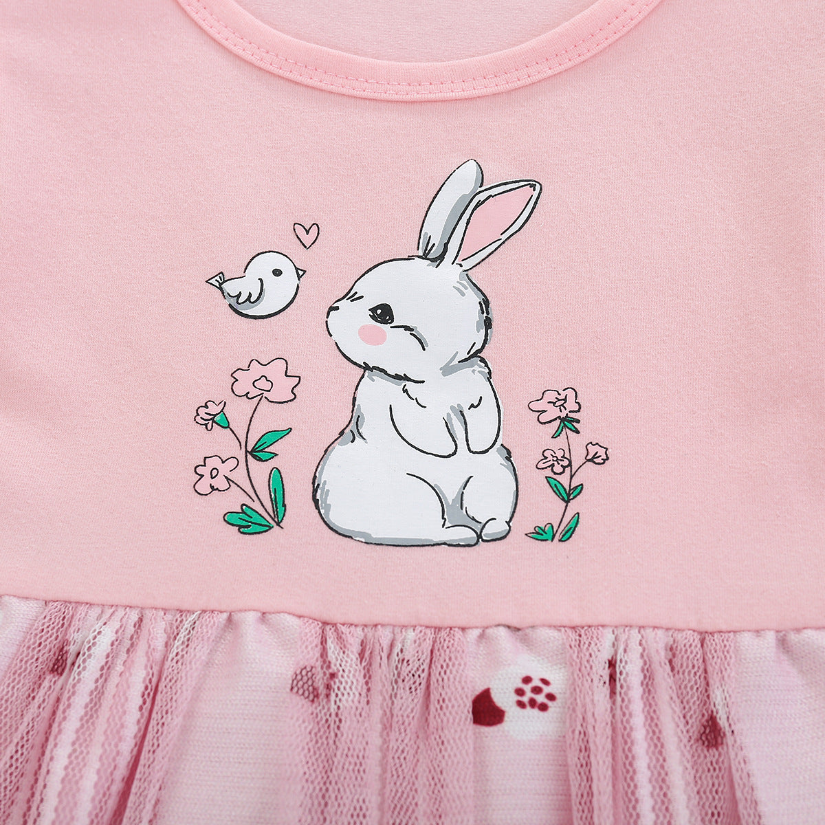 Pink Easter party dress for girls with bunny motif bodice and mesh overlay skirt