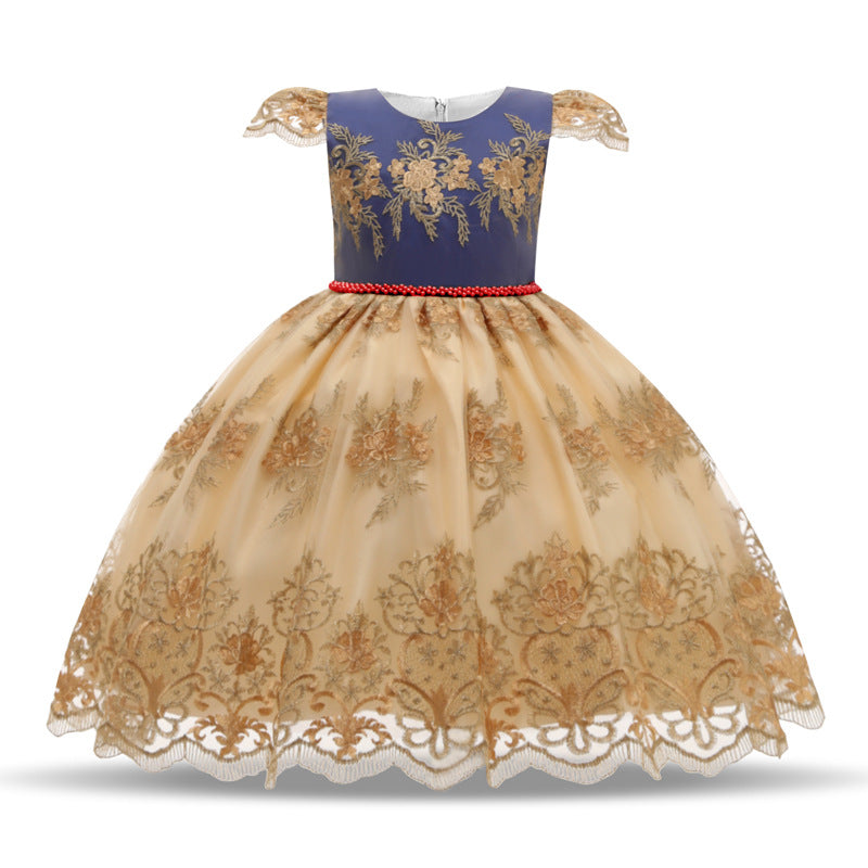 Girls' lace and bow puff dress shown full length