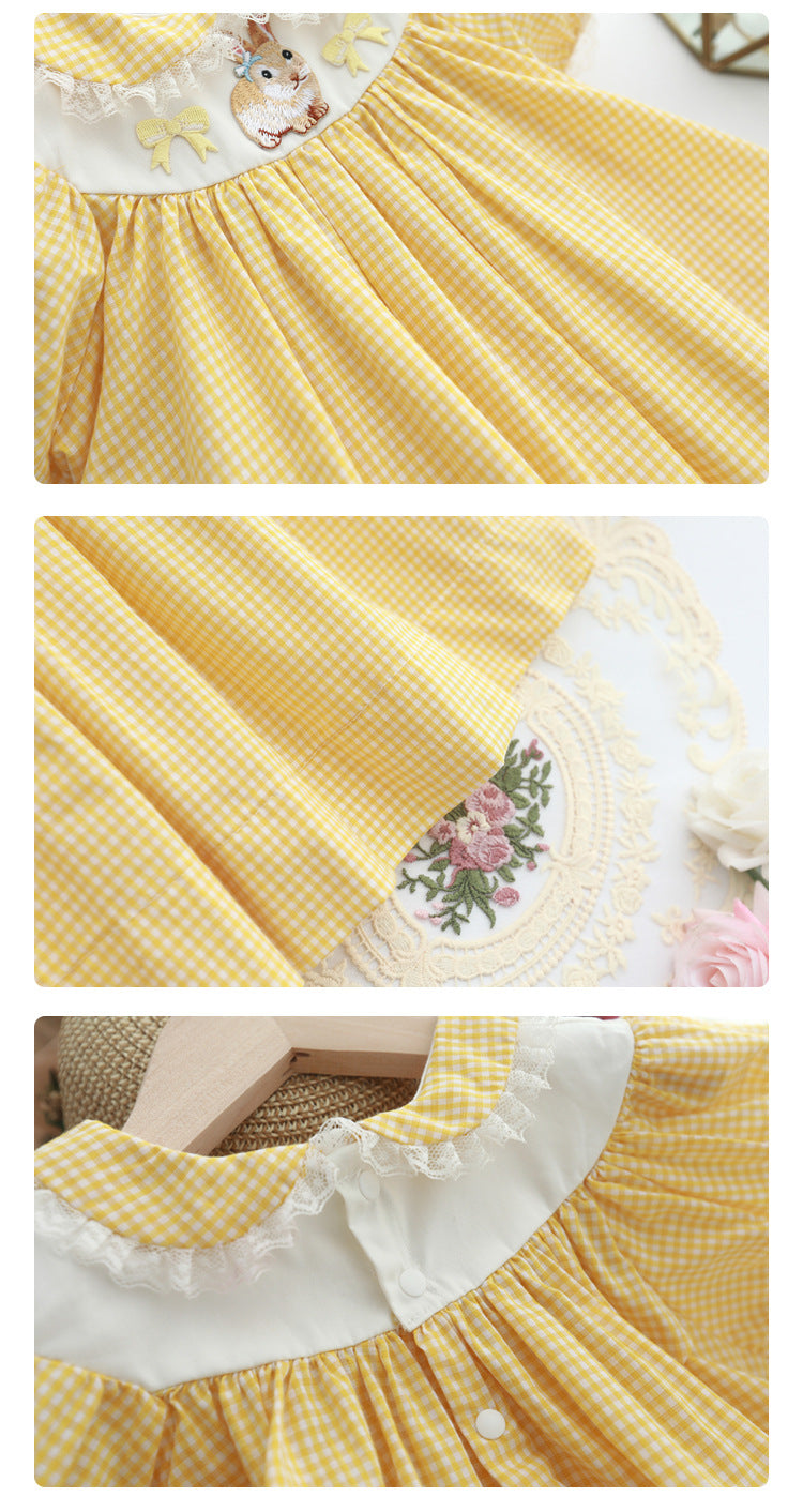 Girls' yellow plaid embroidered dress shown full length