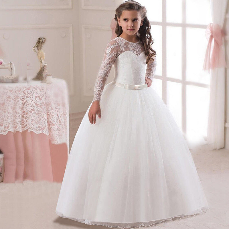 Girls' long flower girl dress shown full length