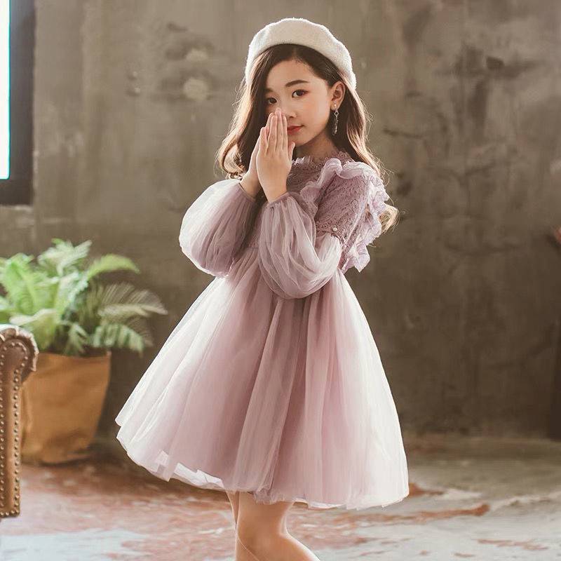 Back view of the Marktox girls' long-sleeve lace dress