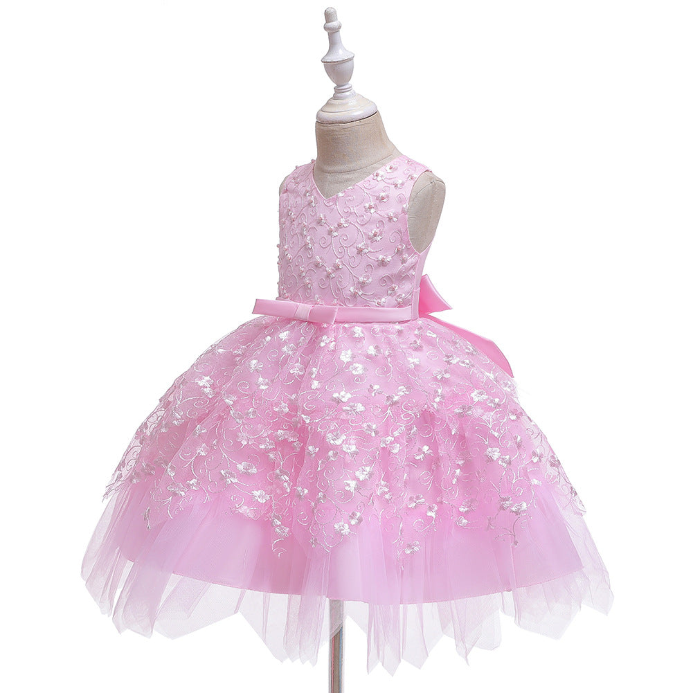 Detail of the skirt and hem on the Marktox girls' lace bodice princess dress