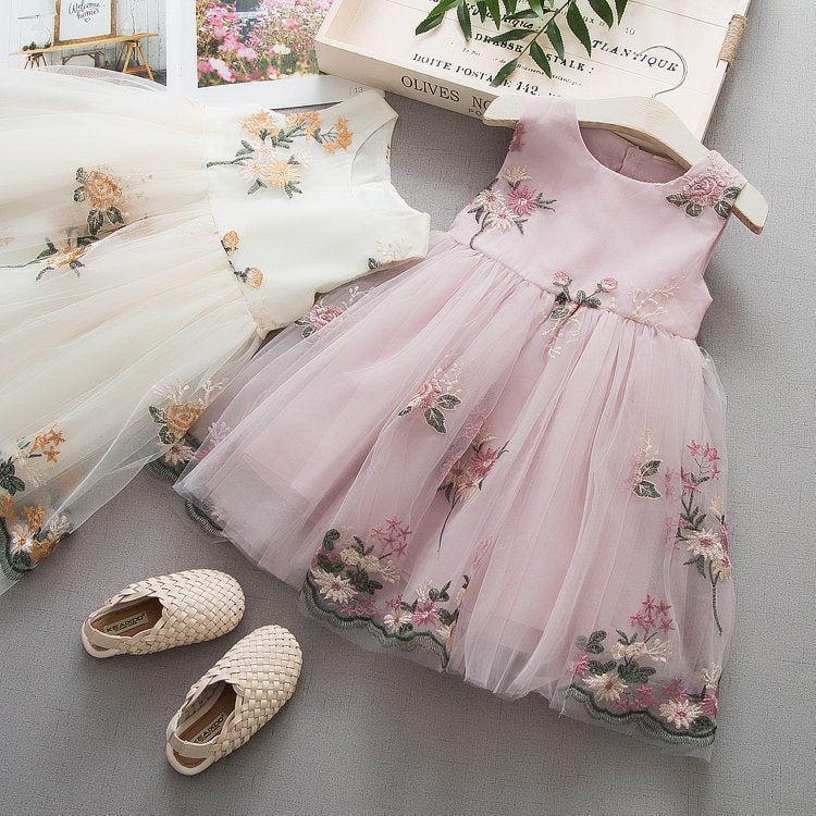 Girls' embroidered cotton sundress shown full length