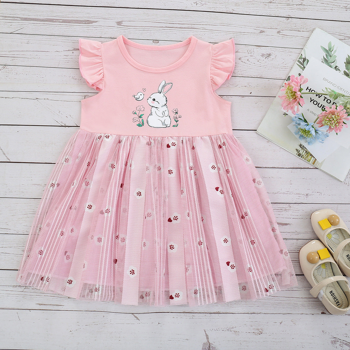 Marktox girls' Easter bunny mesh party dress in pink, front view, sizes 2T to 6T