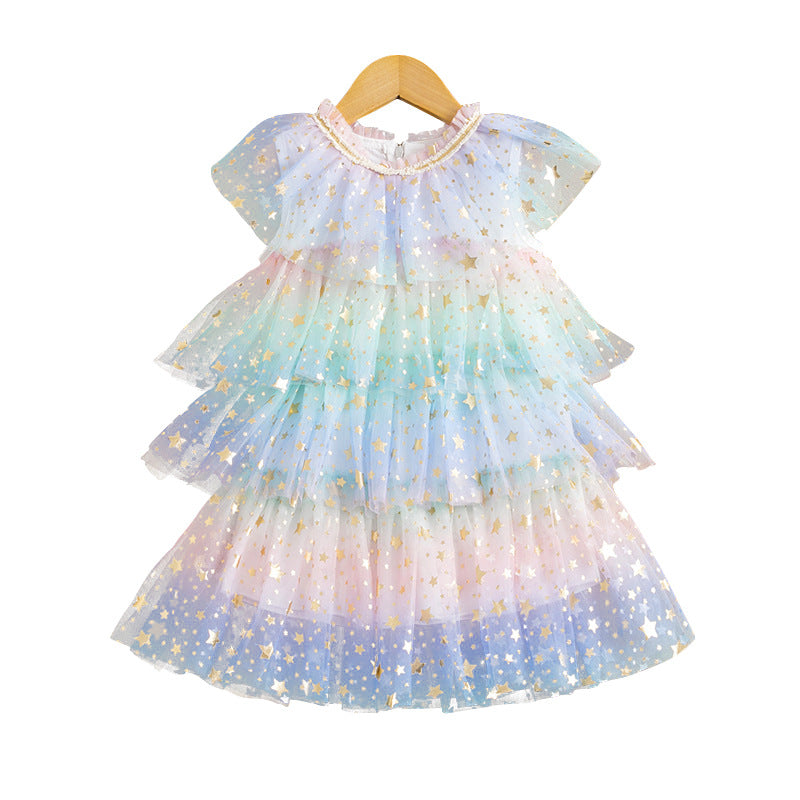 Girls' A-line tiered mesh party dress shown on a child