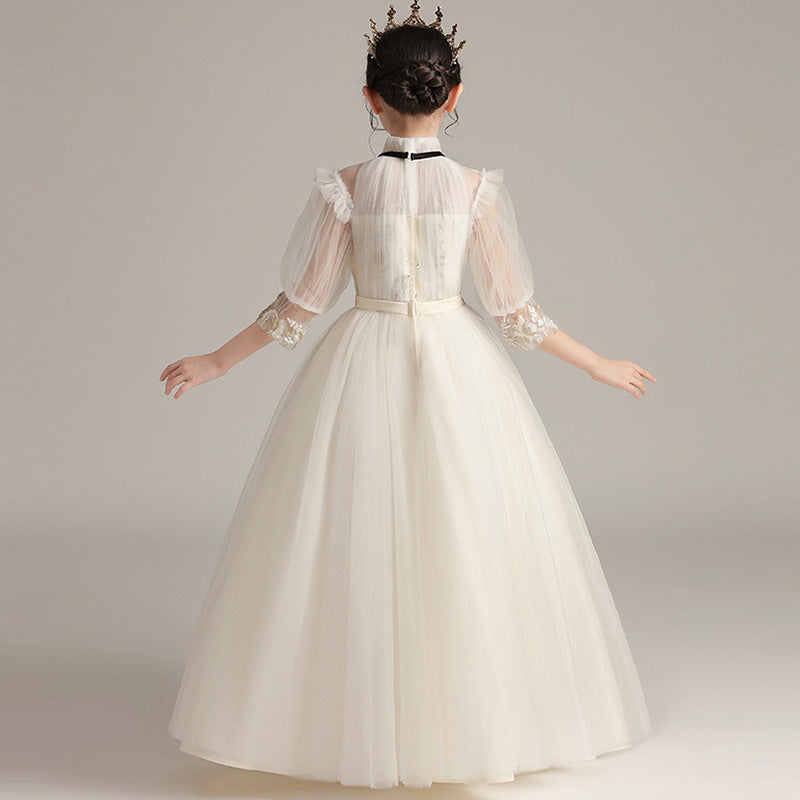 Girls' lace wedding party dress shown full length