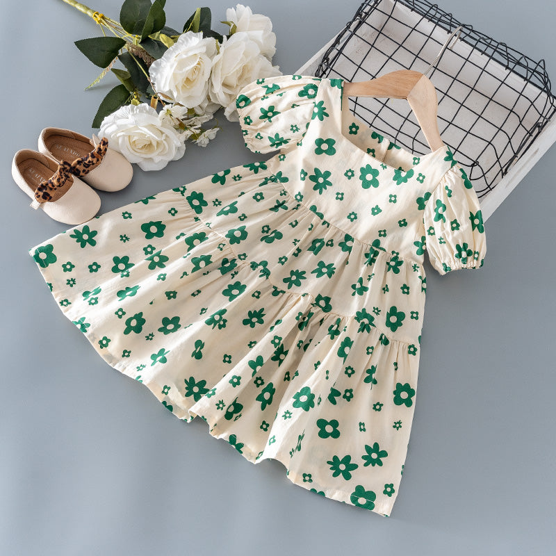 Marktox girls' green floral pleated cotton dress, front view, sizes 2T to 6T