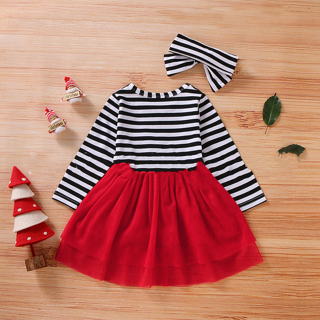 Red A-line Christmas dress for girls with long sleeves and a gathered mesh skirt