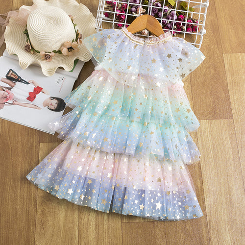 Marktox girls' tiered mesh party dress in the rainbow star print, sizes 3T to 6T