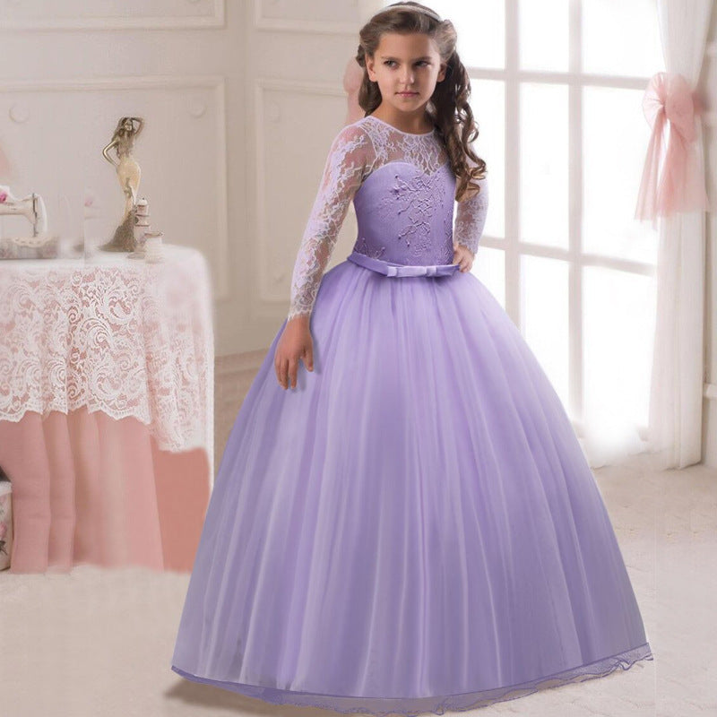 Detail of the skirt and hem on the Marktox girls' long flower girl dress