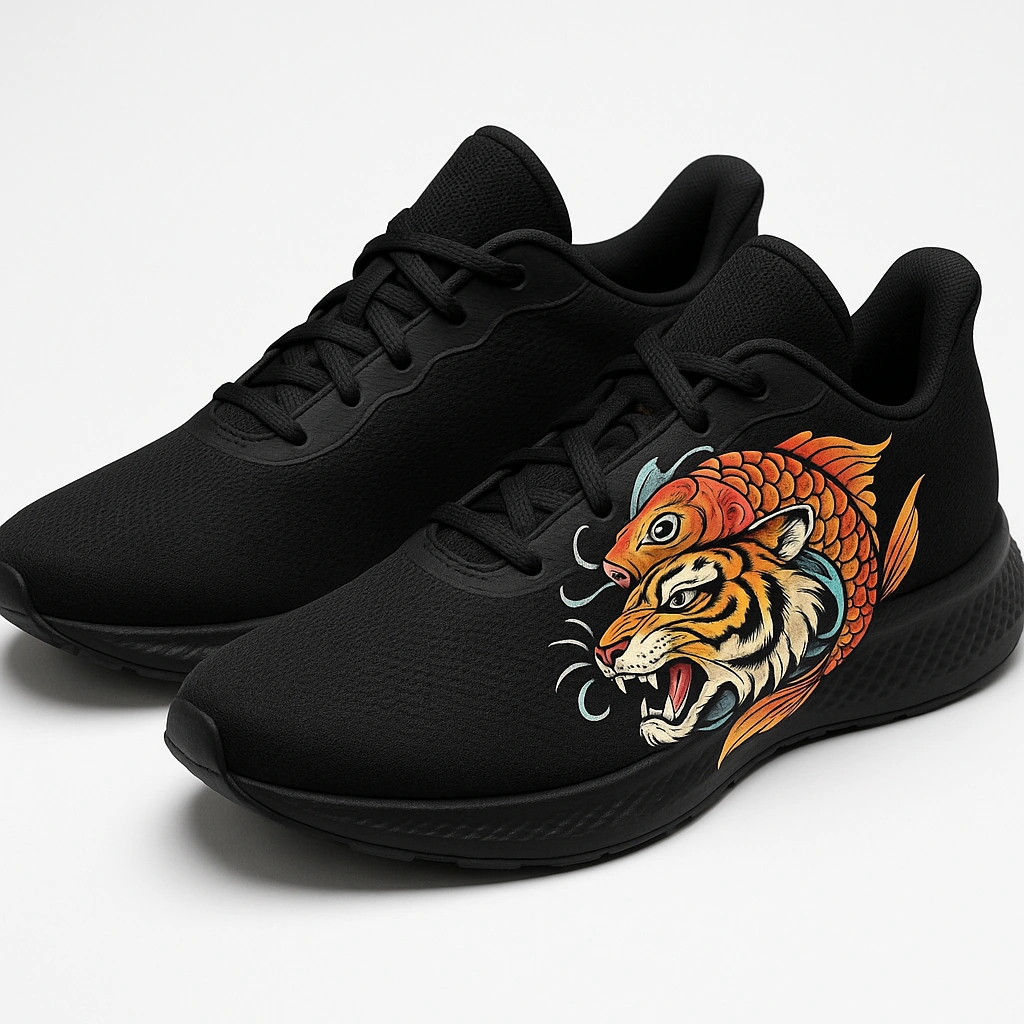 Unisex Art-Style Running Shoes with Hand-Drawn Koi Fish and Tiger Design