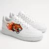 Unisex White Low-Top Sneakers with Bold Tiger Head and Flame Graphic