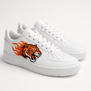 Unisex White Low-Top Sneakers with Bold Tiger Head and Flame Graphic