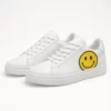 Unisex Minimal White Sneakers with Yellow Smiley Face Design