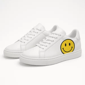 Unisex Minimal White Sneakers with Yellow Smiley Face Design