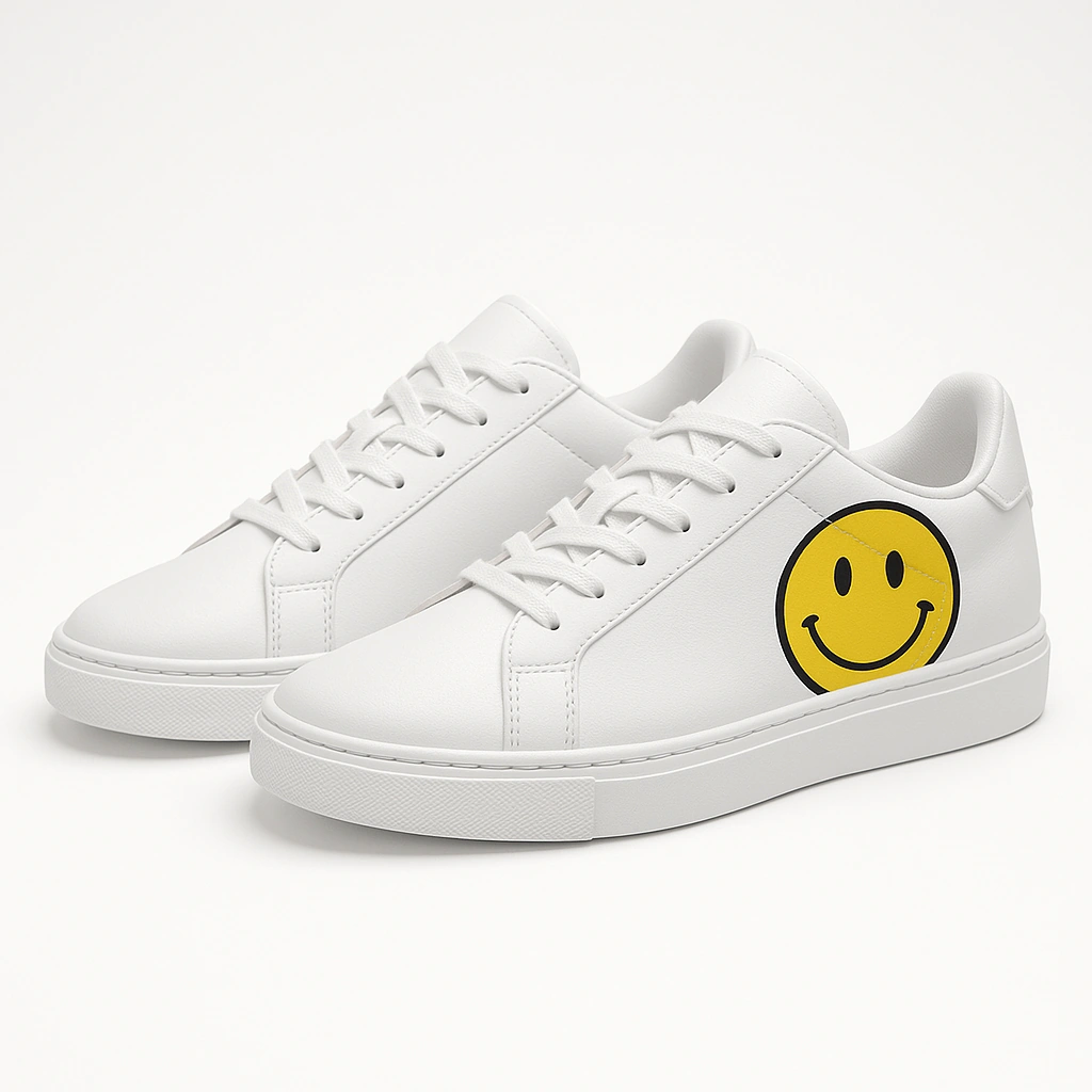 Unisex Minimal White Sneakers with Yellow Smiley Face Design